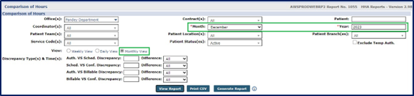 Comparison of Hours Report – Monthly View Options